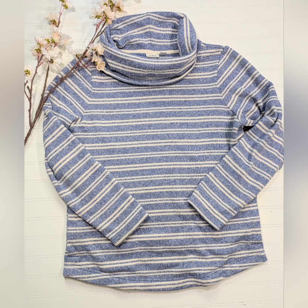 L.L. Bean Blue and White Striped Cowl Neck Pullover